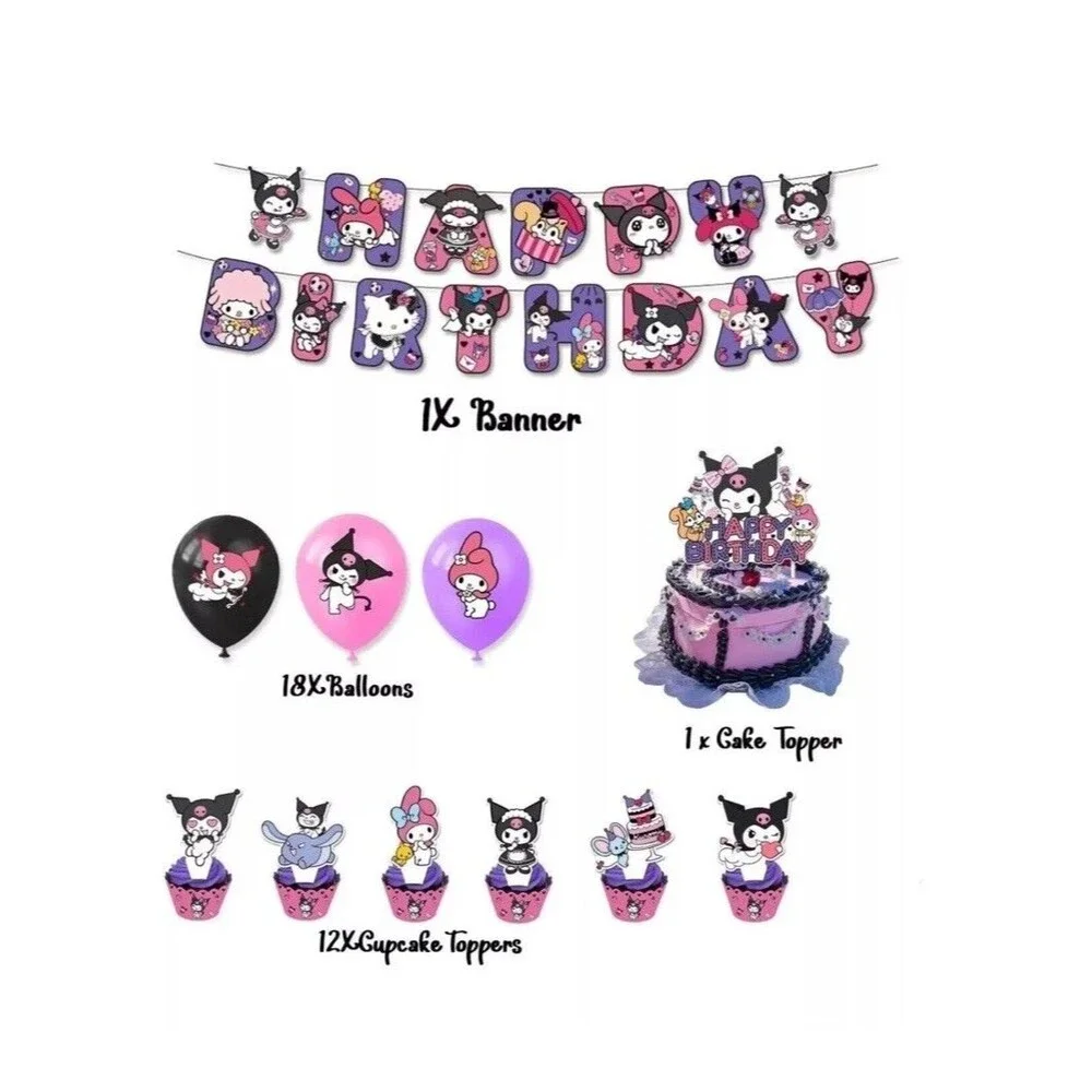 Kawaii Sanrio Kuromi & My Melody Birthday Party Banner Balloons Cake Toppers Set